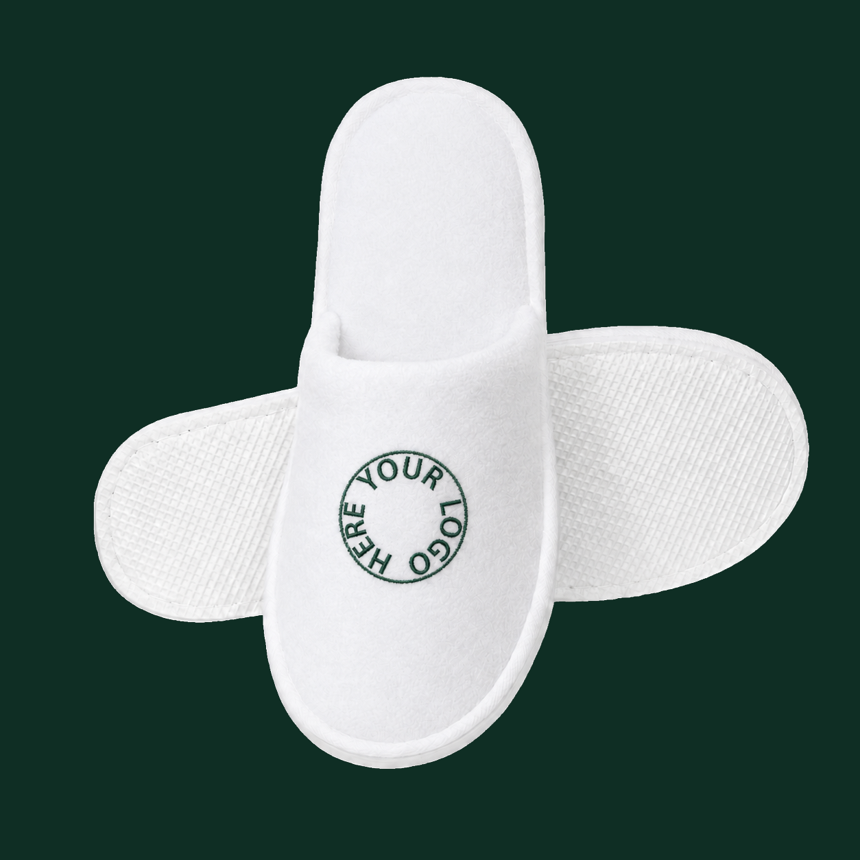 White fleece hotel slipper embroidered with a custom logo