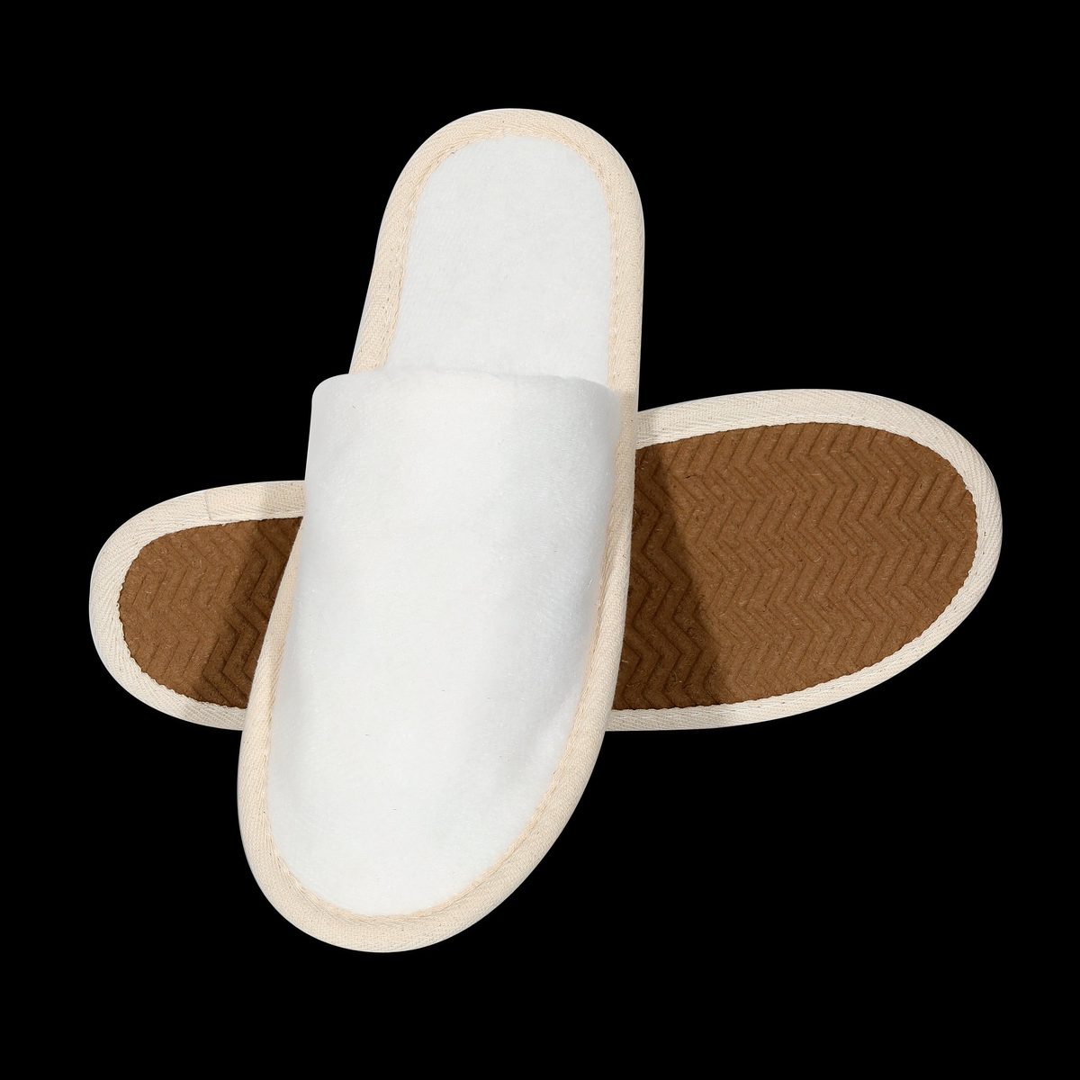 White fleece hotel slippers, ready for custom embroidery