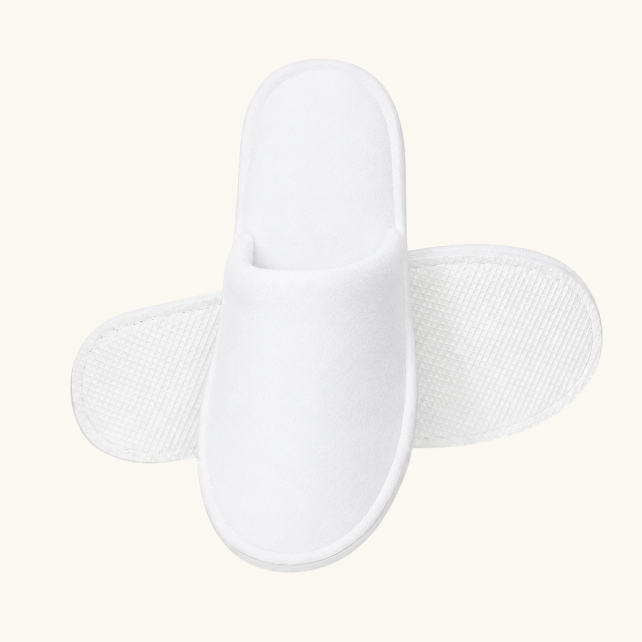 White fleece custom hotel slipper, front view, ready for embroidered logo