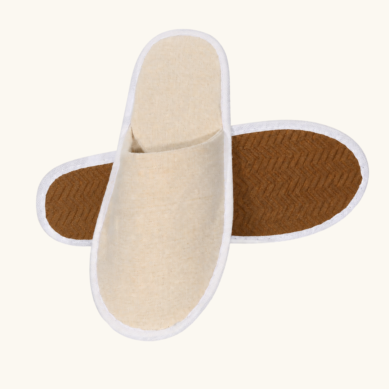Natural eco linen custom hotel slipper, front view, ready for embroidered logo