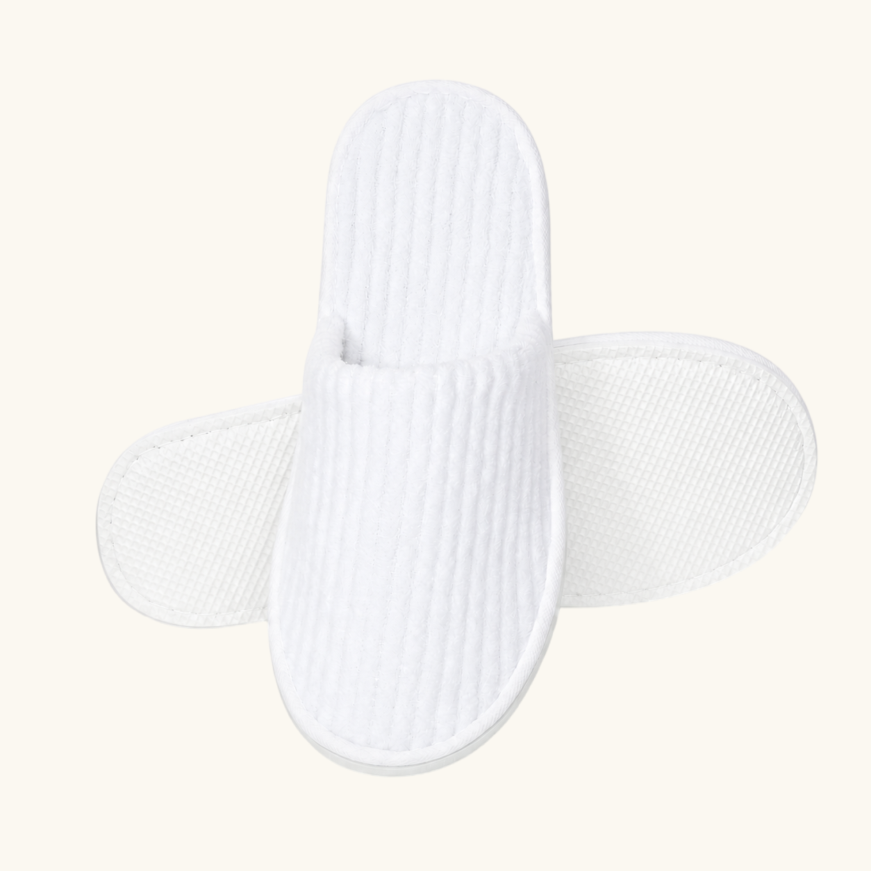 Ribbed terry custom hotel slipper, front view, ready for embroidered logo